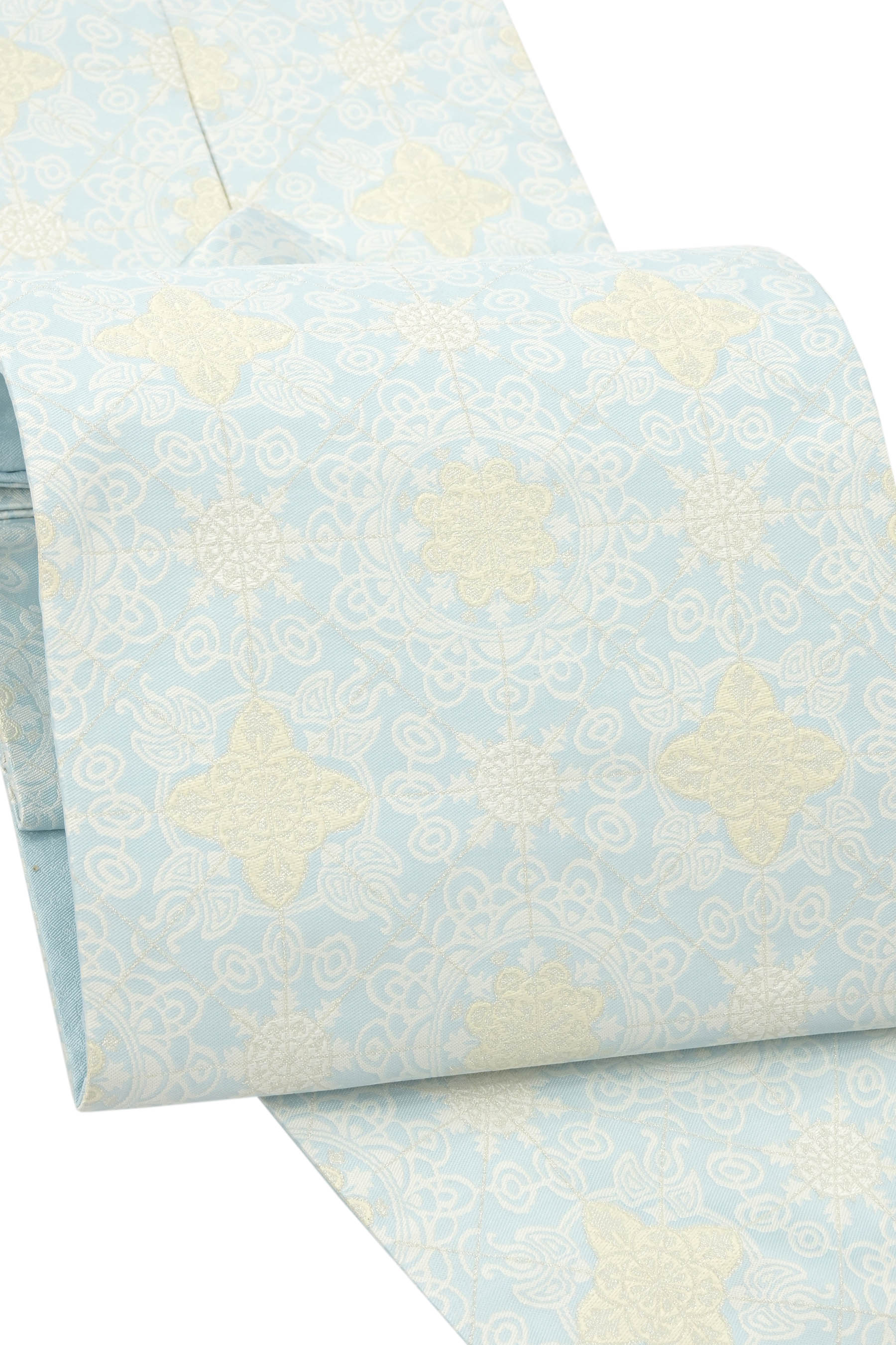 【15％OFFクーポン対象】 【お仕立て上がり・中古美品】 特選西陣織九寸名古屋帯 「装飾洋華紋」澄んだ水色に、繊細な銀の文様が静かに華やぐ。(4)