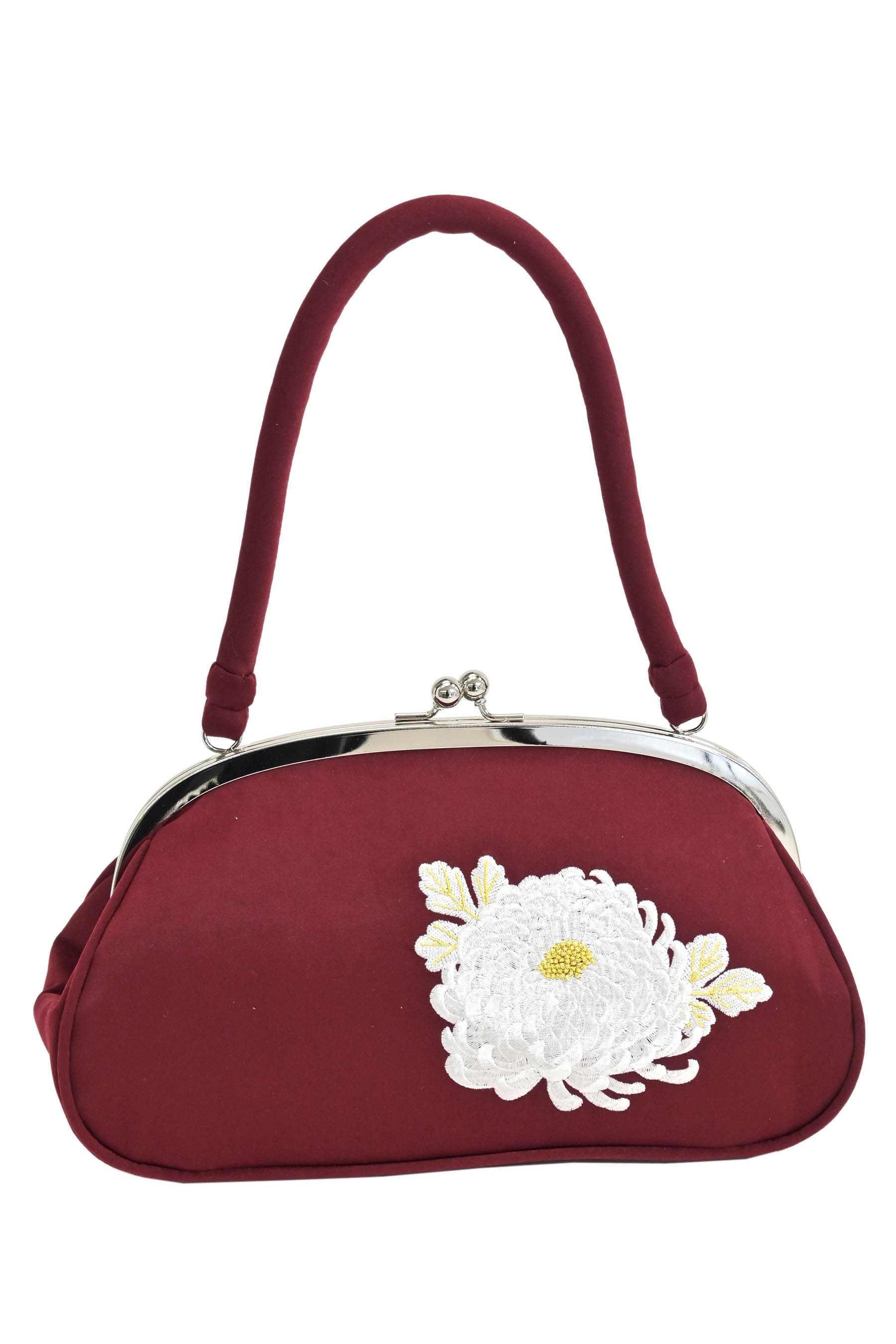 【お振袖・カジュアル用】 がま口刺繍バッグ 菊/ワインレッド 大人可愛い和モダンバッグ！