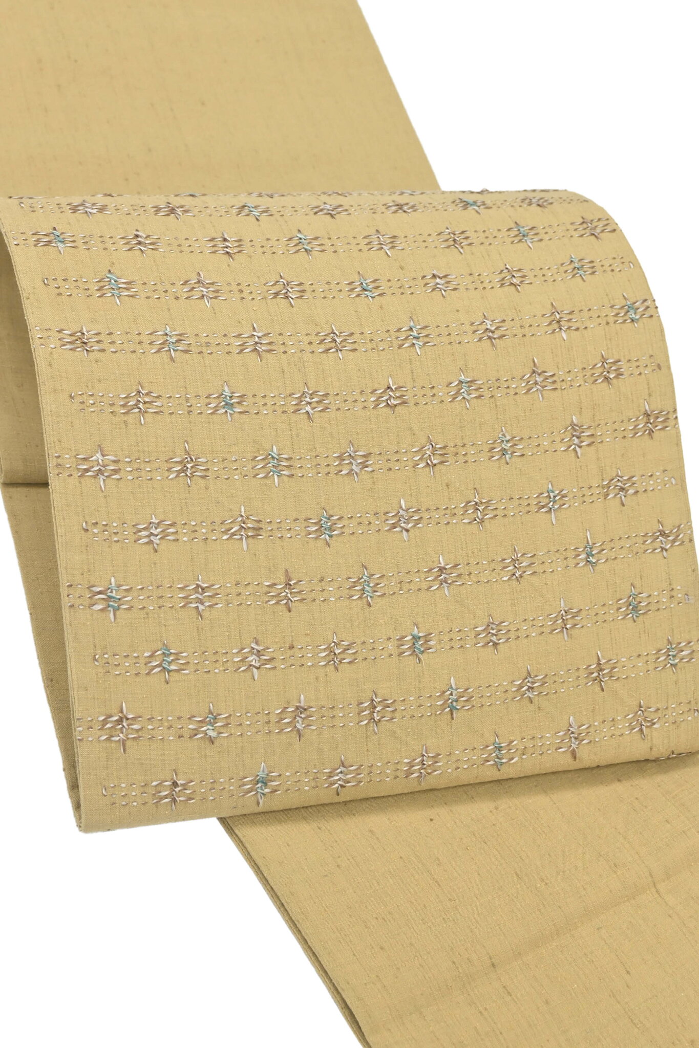 【お得なエブリデイロープライス】正絹手刺繍紬袋帯 ≪御仕立て上がり・中古美品≫ 「エンブロイダリー段紋」 シンプルなデザインでスマートに!