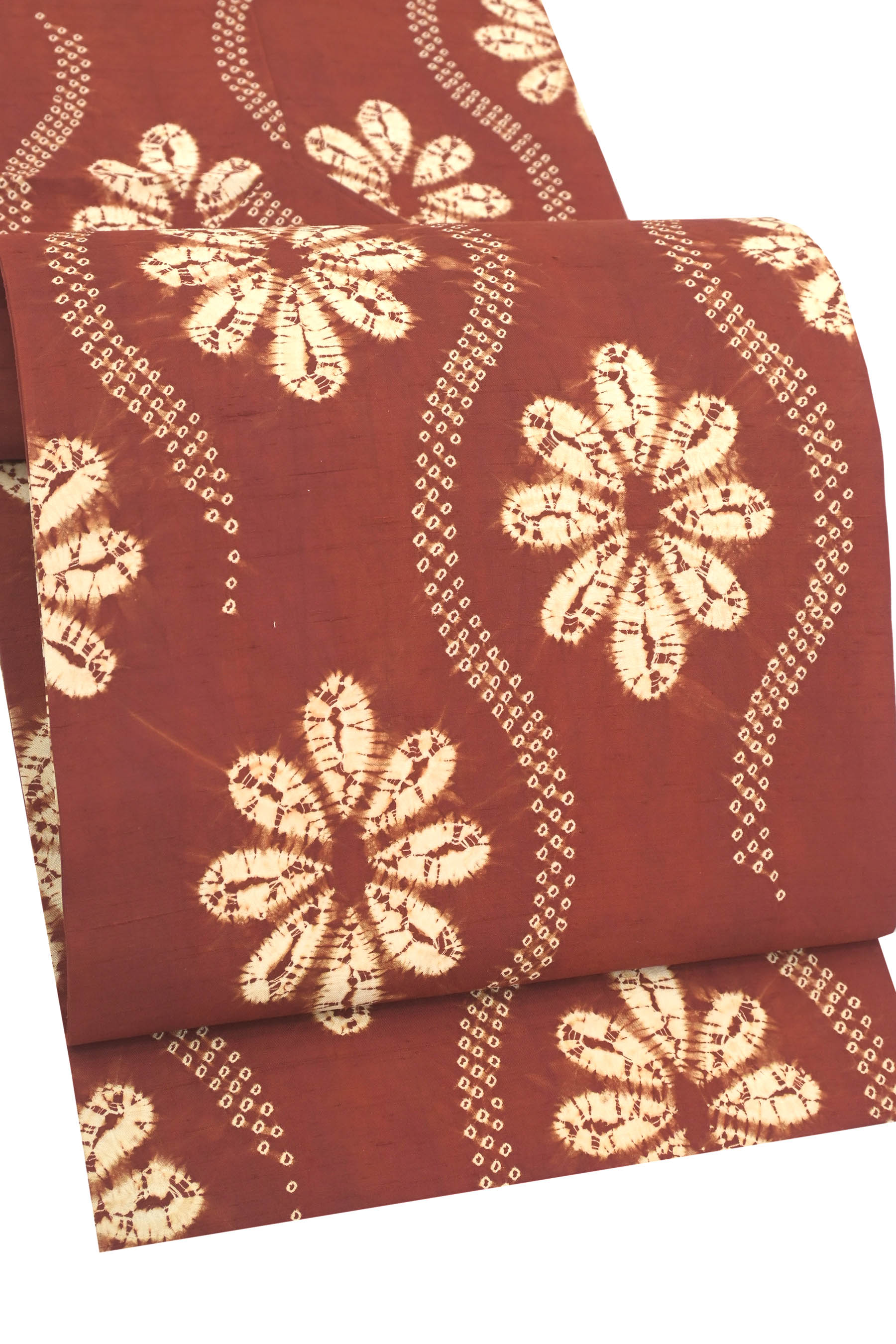 【25周年クリアランス】 【茜染】 特選本手絞り染九寸名古屋帯 ≪御仕立て上がり・中古美品≫ 「華破れ立桶文」 心打たれる茜の色… ファン必見、極上の工藝味。