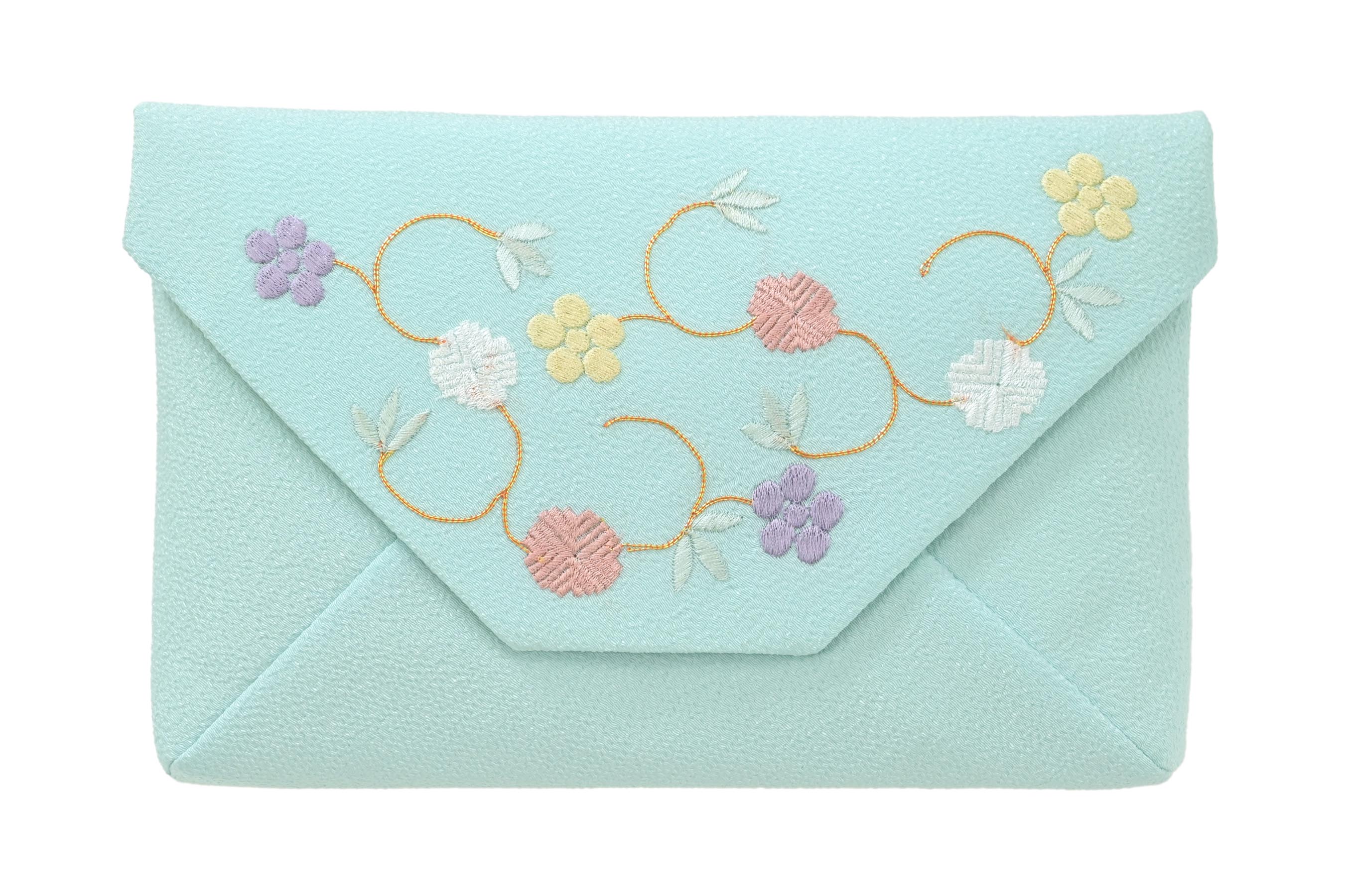 【京都富小路きねや】 ちりめん刺繍数寄屋袋 笹蔓　（01）ブルー