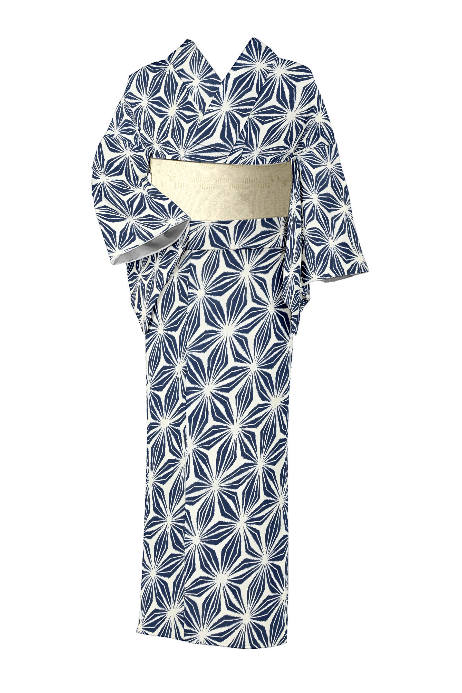 【着物・帯2点セット】 涼感素材ですっきりと上品な秋の装い 【KIMONO　美術サロン】 特選藍捺染綿麻着尺 ポリエステル紗半巾帯（小袋帯）