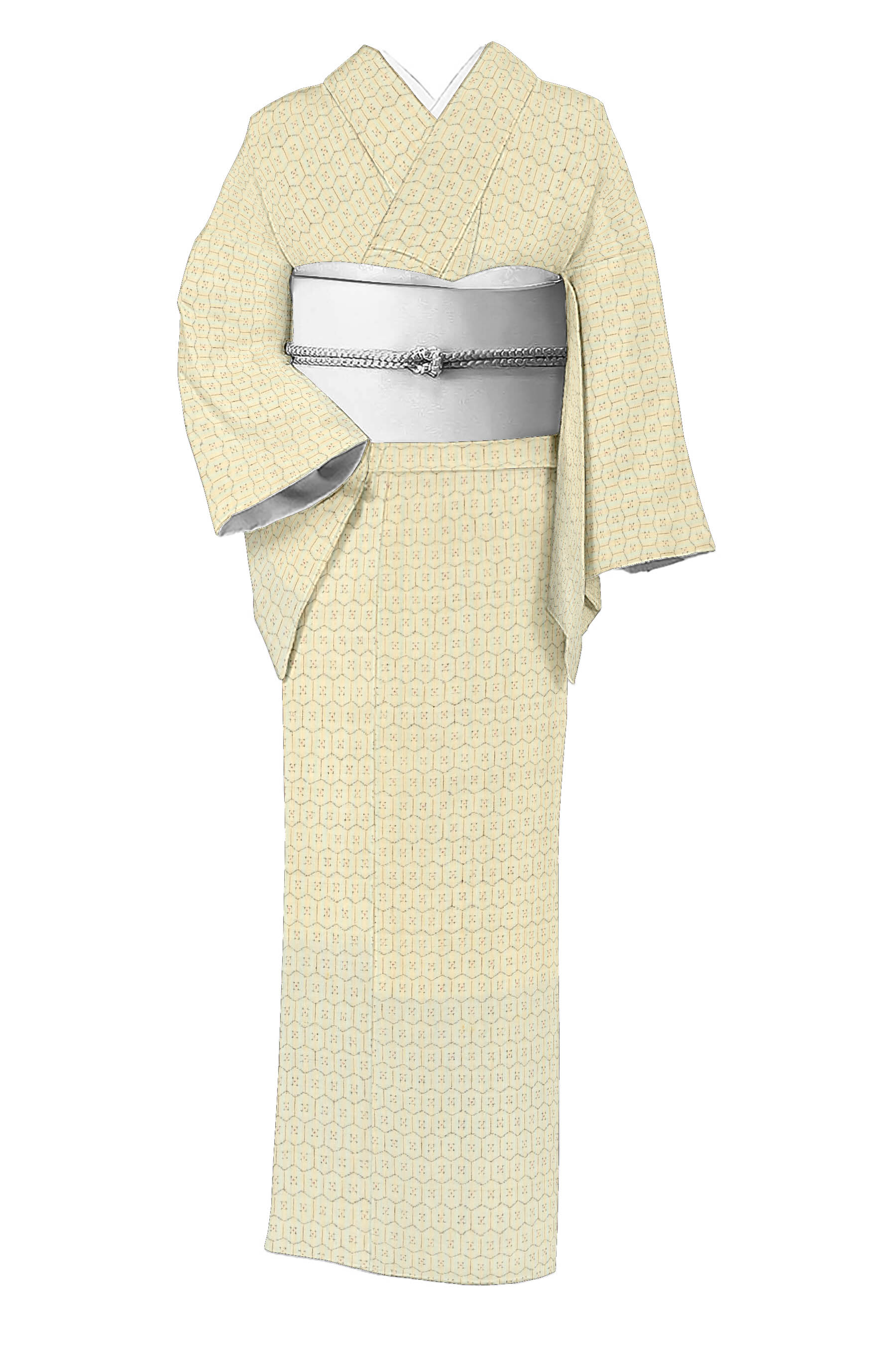 【 年に一度の本決算バーゲン】 この風合い！【結城紬】 ≪御仕立て上がり・中古美品≫「縞間道に蜂の巣亀甲」 証紙なしでお値打！ 身丈146.6　裄64.4のサムネイル