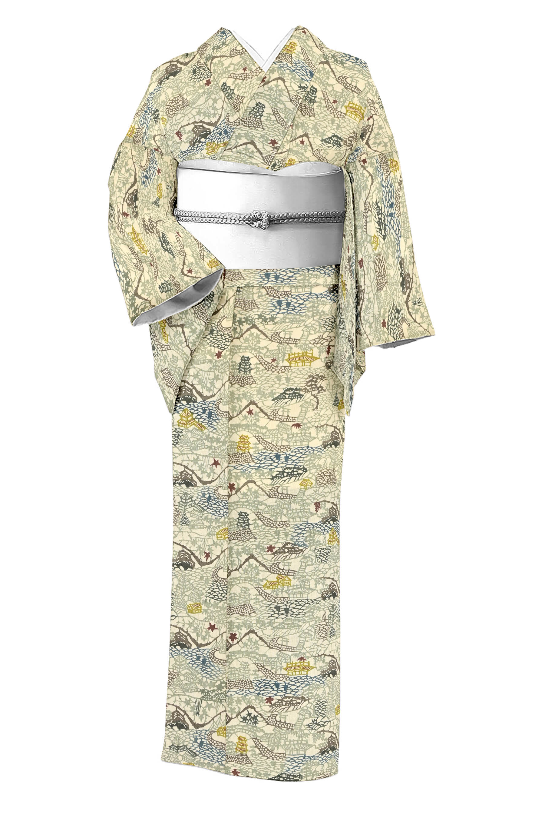 【大蔵ざらえ】 【栗山吉三郎】 特選和染紅型染め紬地小紋 ≪御仕立て上がり・中古美品≫ 「城下町」 大人気工房の逸品着物! 身丈151 裄64