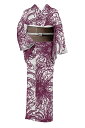 【お得なセットプライス☆着物+帯 洗える2点セット】【知多木綿】 単衣仕立て(新品) 「乱菊(赤紫色)」+ 紗半巾帯(ポリエステル)「渦(茶色)」
