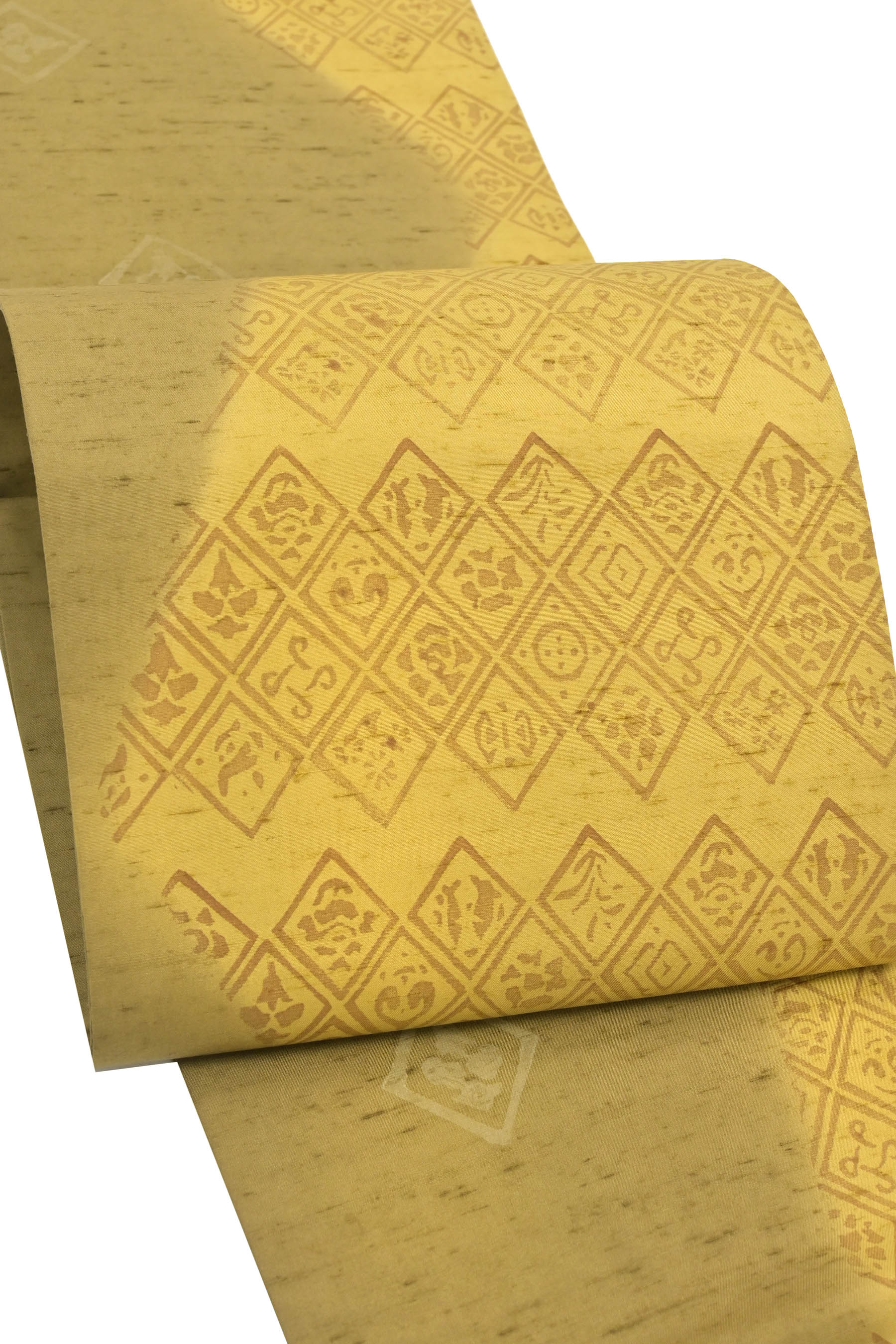 【お得なエブリデイロープライス】 特選摺り友禅紬地全通袋帯 ≪御仕立て上がり・中古美品≫ 「揺らぎ間道に飾り菱」 穏やかで洒落たデザイン！ シンプルな配色の洒落袋帯！