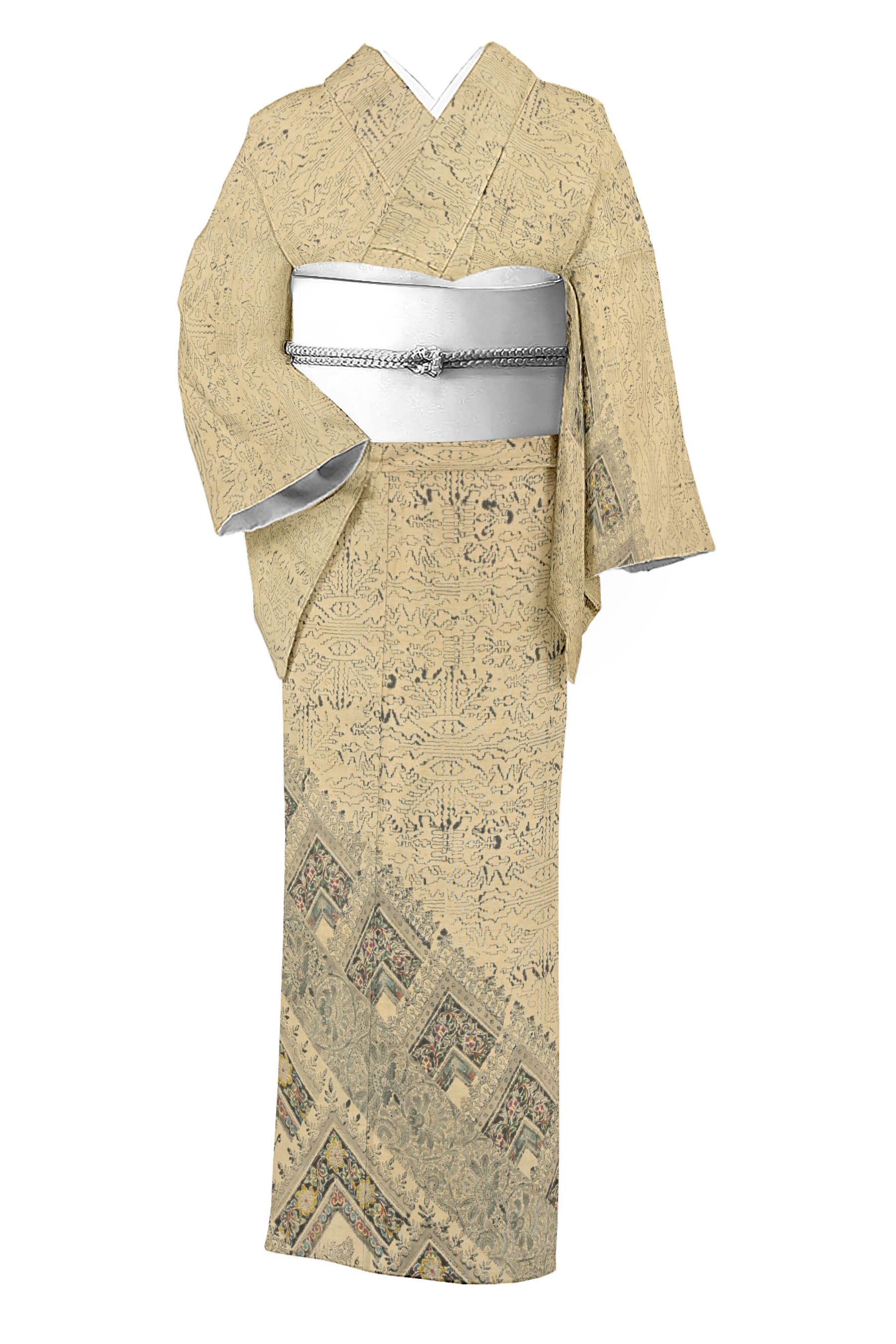 【古代印度木版更紗　川端美朝】 特選木版摺り紬地訪問着 ≪御仕立て上がり・中古美品≫ 「インダス装飾..