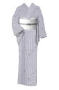 【夏物・洗える小紋!】≪仕立て上がり・中古美品≫ 創作ポリエステル絽小紋 「縞に蝶芝」 ☆お洗濯OKが嬉しい!身丈162.5 裄63