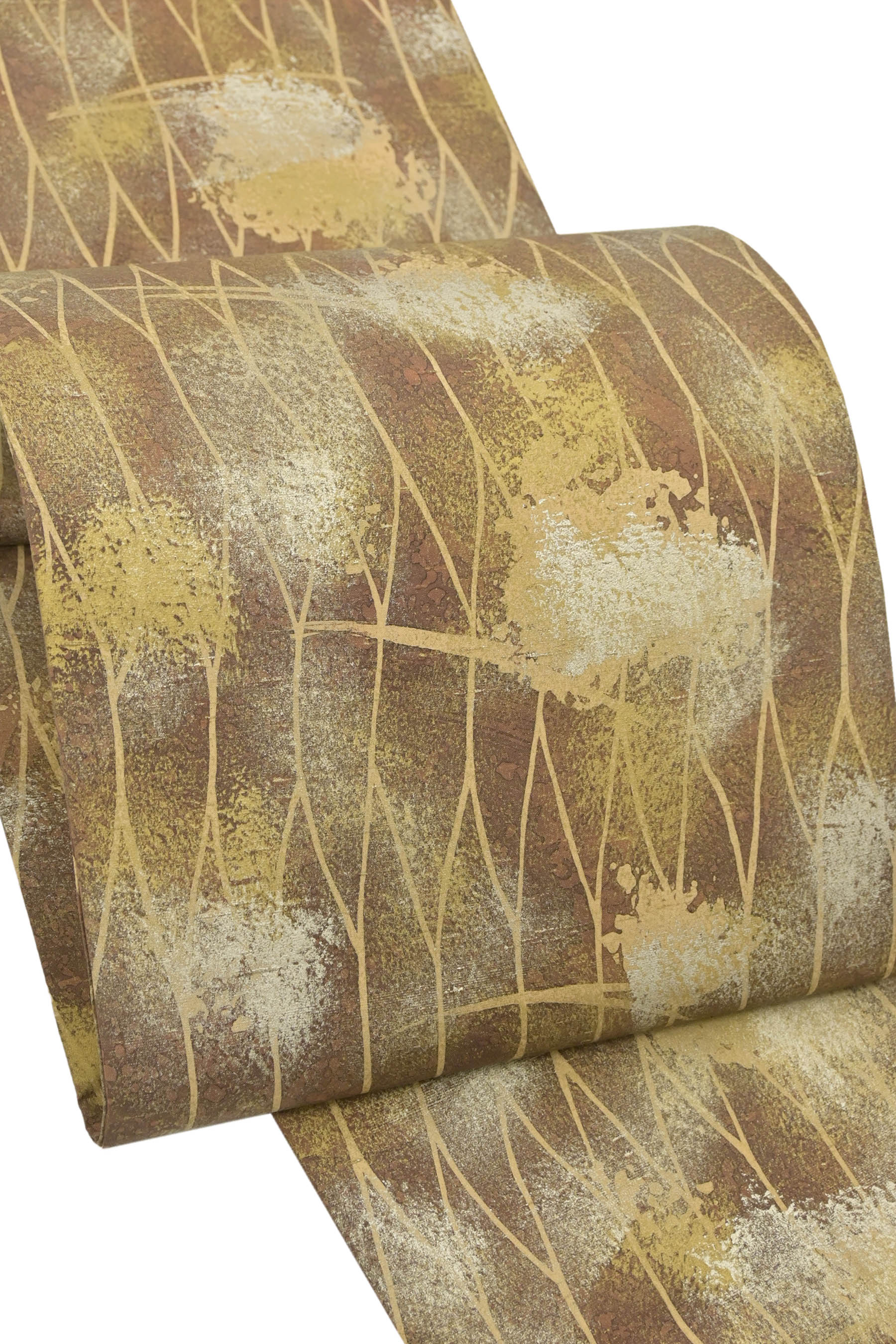 【大蔵ざらえ】 【白山工房　本場牛首紬】 石川県指定無形文化財 本手加工友禅全通紬袋帯 ≪御仕立て上がり・中古美品≫ 「立涌に箔霞」 染と織の贅沢なコラボレーション！