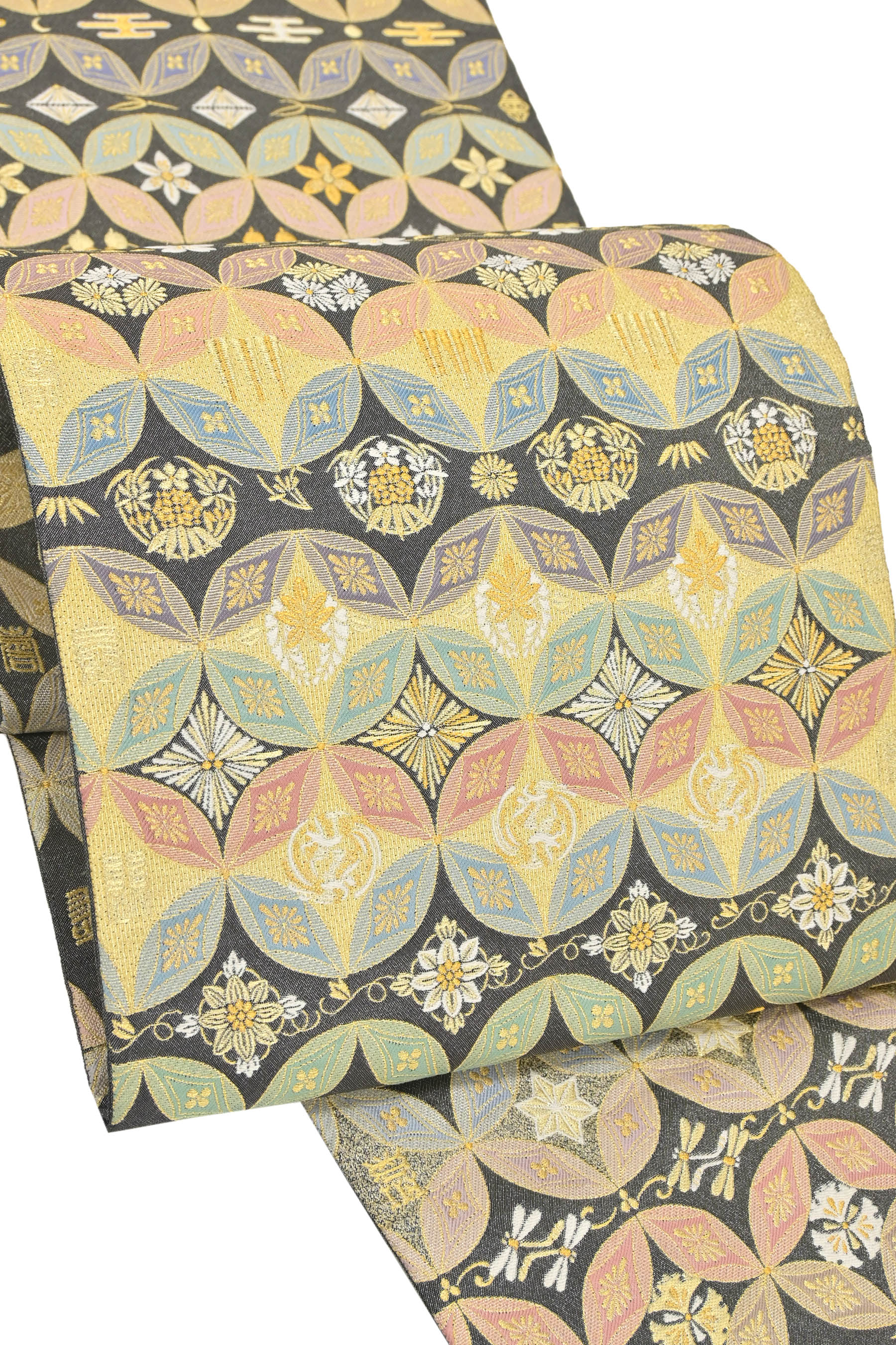 【西陣まいづる】西陣織全通袋帯 いわれ帯 ≪御仕立て上がり・中古美品≫「華七宝」品の良い色使い、古典柄をモダンにデザイン