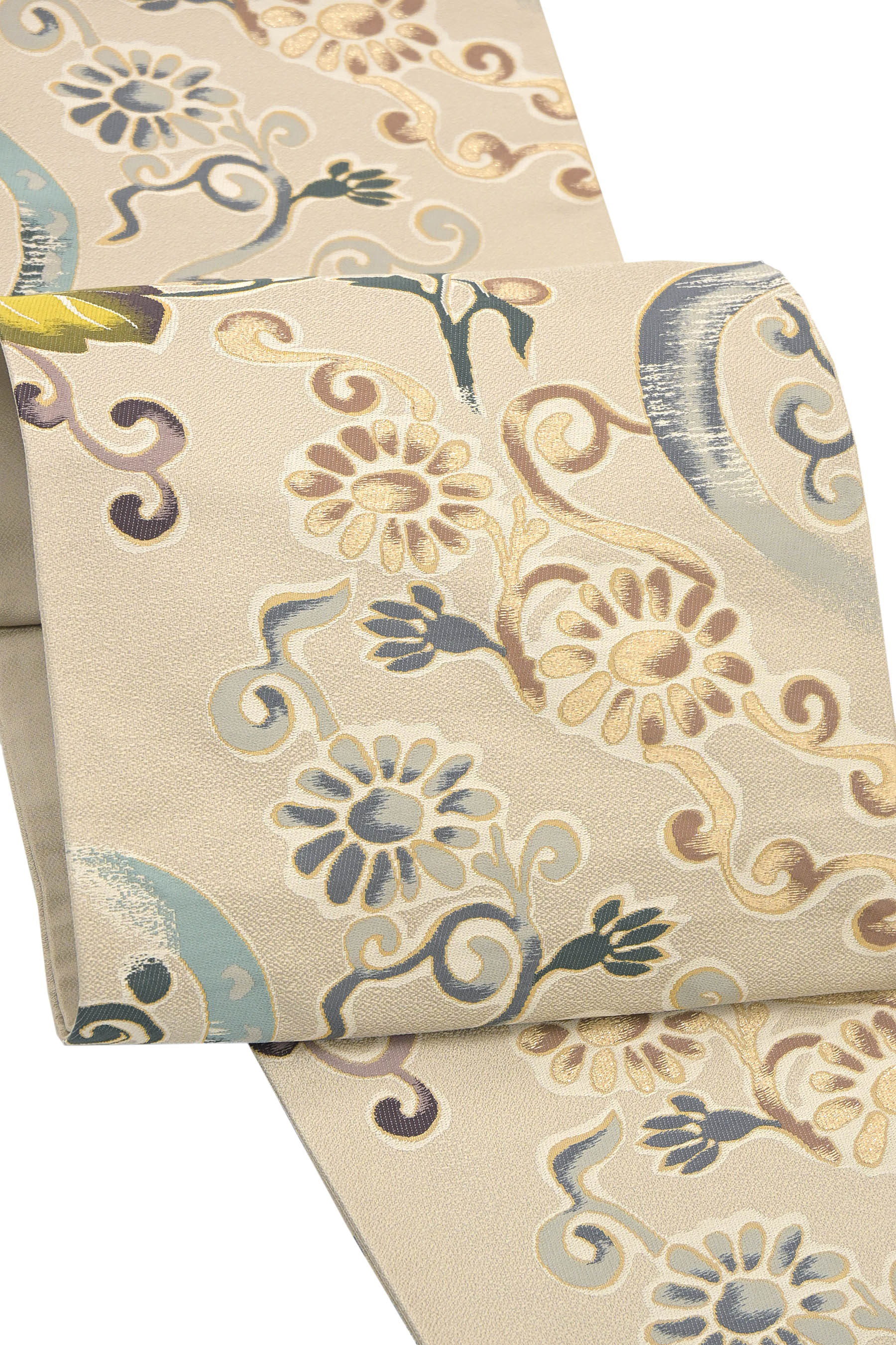 【大蔵ざらえ】 【白綾苑大庭】 特選西陣織袋帯 ≪御仕立て上がり・中古美品≫ 「草花文」 個性際立つ！ レアなニュアンスカラーの作品！