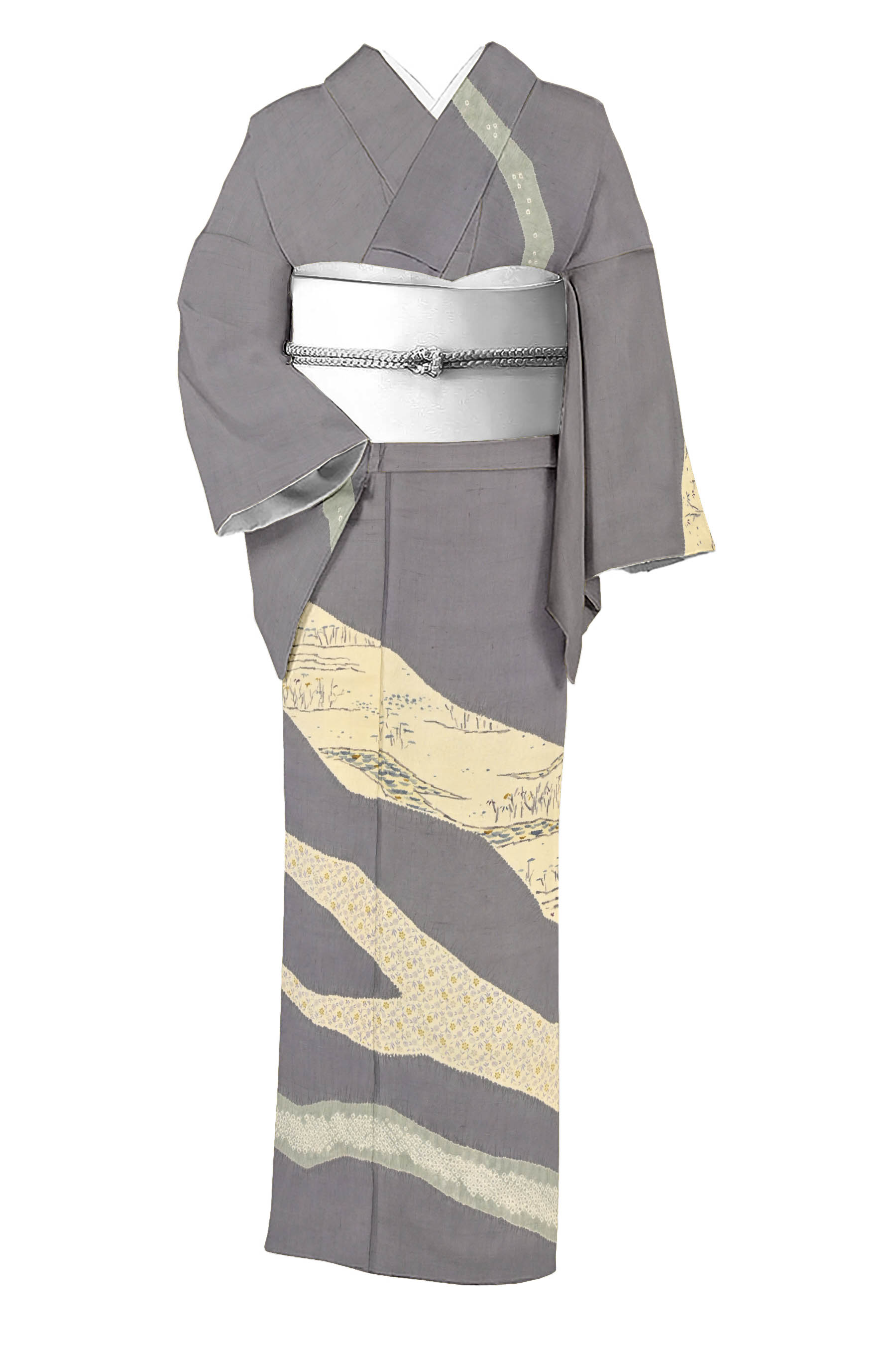 【大蔵ざらえ】 十日町老舗【青柳】≪お仕立て上がり・中古美品≫特選本手絞り染 手座繰り赤城紬訪問着「水辺の風景」 風雅な一枚! 身丈158.5 裄66