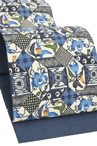 【ブラックフライデー限定】 【城間家三代の仕事】 本場琉球紅型紬九寸名古屋帯 図案:城間栄喜 型:城間栄順 染:城間栄市 ≪仕・中古美品≫ 「水車に花」 シックな彩りの紅型帯!