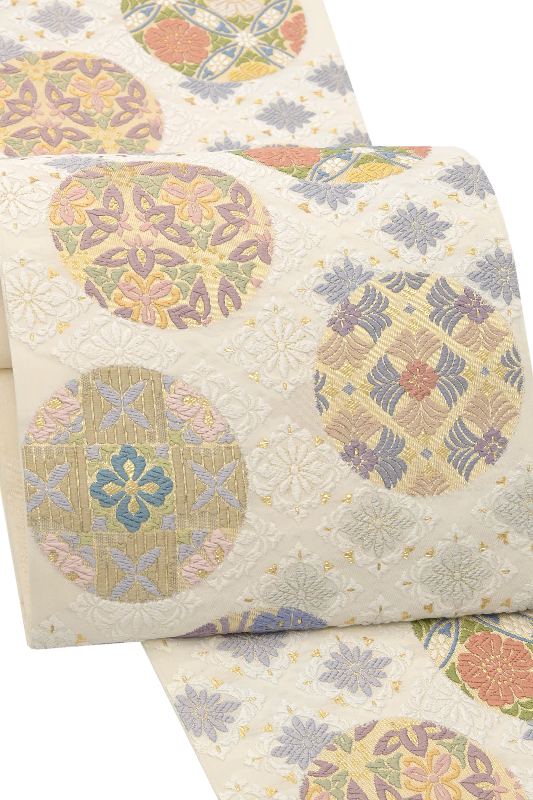 【お得なエブリデイロープライス】 特選西陣織唐織袋帯 御印　新小石丸 ≪御仕立て上がり・中古美品≫ 「菱地瑞祥御印花丸紋」 優彩の上品なデザイン フォーマルの帯姿に！のサムネイル