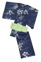 【浴衣・帯セット】 お仕立て上がり綿絽浴衣 -えんむすび座- 「芝に菊、撫子・紺地」 【井上絹織】本場筑前博多織紗献上半巾帯(四寸帯)「市松地流水鱗間道・柳色」