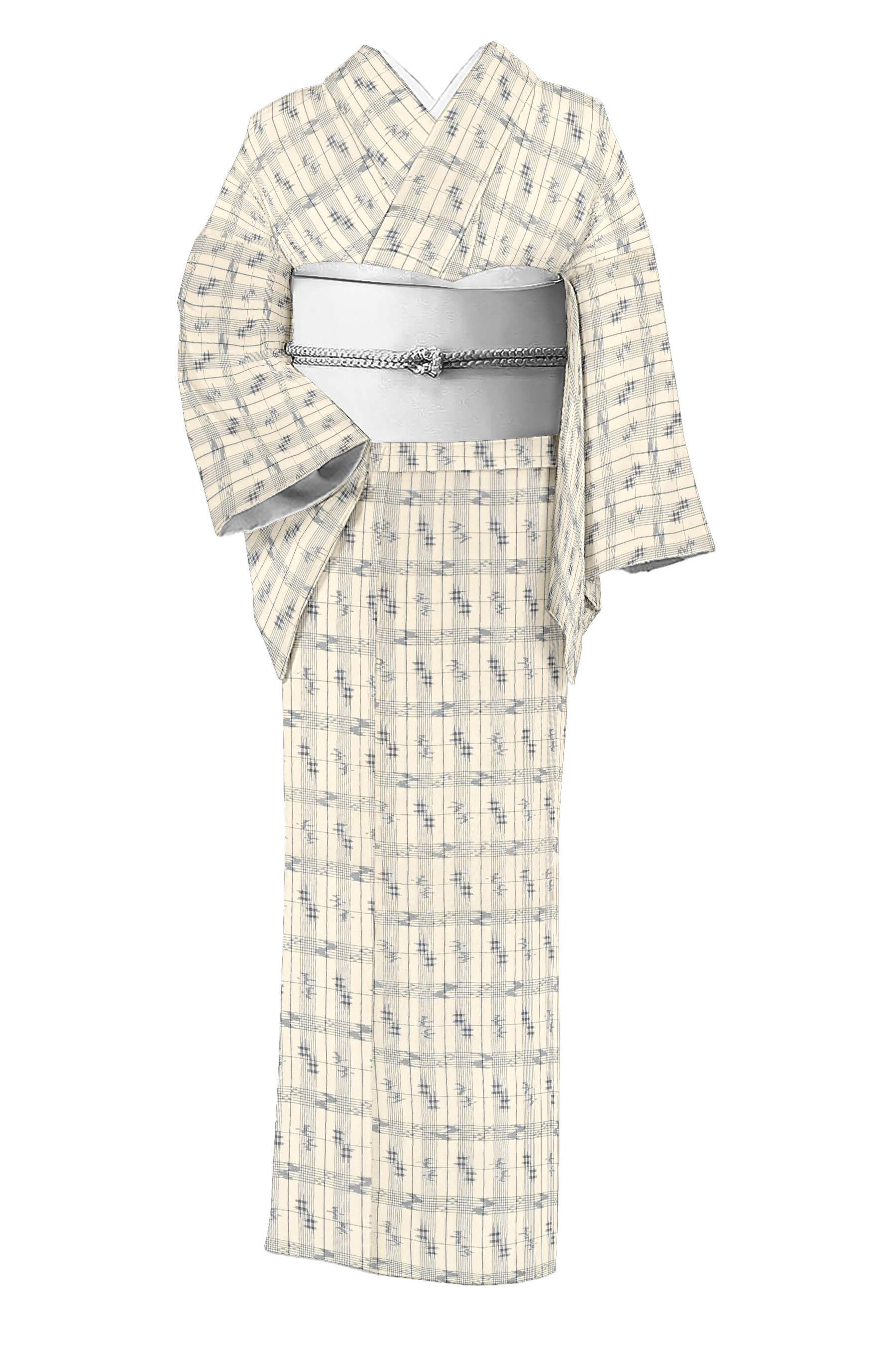 【夏物】 特選経緯絣壁上布 ≪御仕立て上がり・中古品≫ 「御絵図細格子紋」 招涼の夏カジュアル しゃっきり、着心地よく 身丈157　裄63(4)