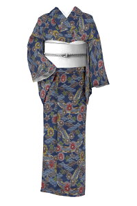【お仕立て上がり・中古美品】創作十日町紬 横彩絣 「草花に橋青海」 おしゃれなシルエット! 身丈149 裄65
