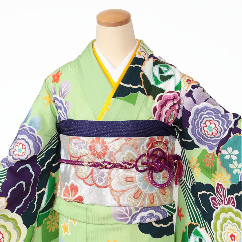 【レンタル】 振袖レンタル 成人式 振袖 黄緑 雪輪 身長154.5-167.5cm 1月 2026年 安い 着物 高級 正絹 呉服屋 格安 フルセット 薔薇 モダン NR-228 全国配送 宅配レンタル 通販 レトロ モダン おしゃれ 可愛い