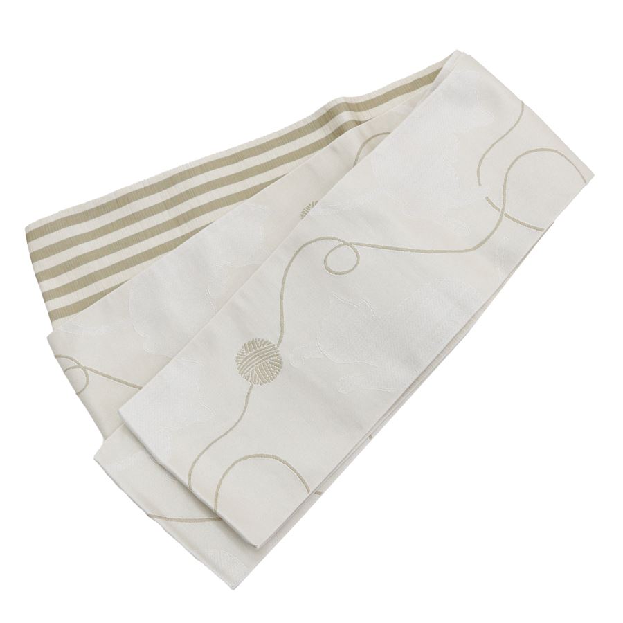Half-Width Cloth - 半巾帯 細帯 浴衣帯 長尺4m 猫柄 ネコ ねこ 毛糸玉 オフホワイト クリーム色 アイボリー ベージュ 縞 ストライプ 日本製 小袋帯 半幅帯 リバーシブル 両面使い 小紋 浴衣 袴 紬などに最適 おしゃれ 可愛い 通年 オールシーズン