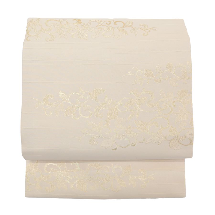 名古屋帯 ライトベージュ アイボリー オフホワイト 更紗柄 蔓草 仕立て済 仕立て上がり 絹 西陣織 九寸名古屋帯 フォーマル 礼装 新品 色無地 江戸小紋 小紋 紬などに お茶席 茶道 茶事 初釜 お茶 お稽古 着付け教室 練習 女性用 レディース 帯 入学式 卒業式 お宮参り七五三