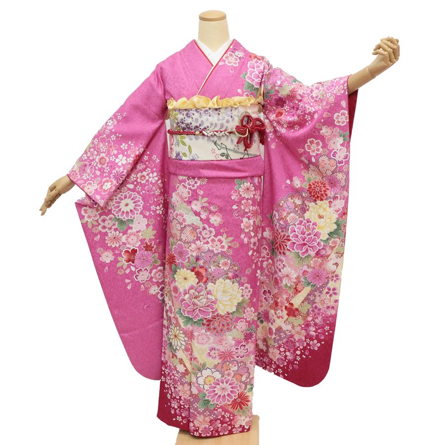 振袖 中古 フルセット 長襦袢つき 正絹 格安 リサイクル ピンク 赤 ぼかし 仕立て上がり 着物 成人式 結婚式 卒業式 結納 和服 和装 グラデーション 高...