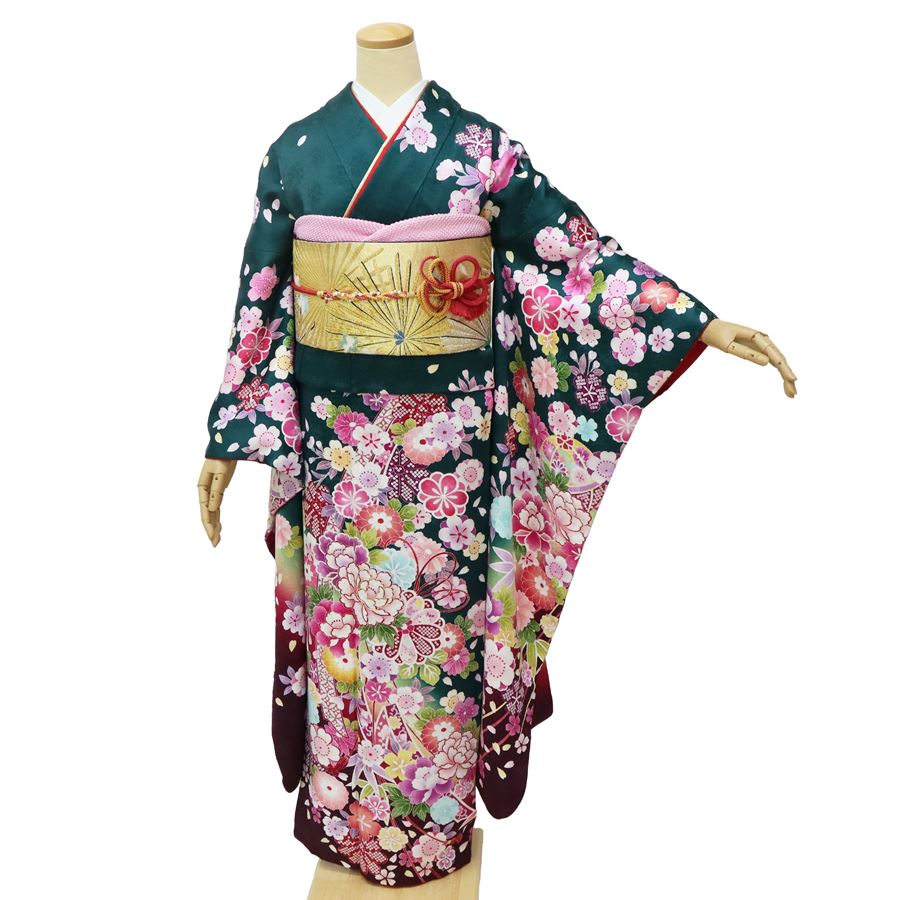 振袖 中古 フルセット 販売 緑 成人式 晴れ着 正絹 一式 帯付き 小物付き 長襦袢付き 格安 リサイクル 着物 和服 和装 仕立て上がり 古典 桜 牡丹 花 ボカシ 金刺繍 結婚式 卒業式 卒業袴 着物 十三参り 撮影 衣装 着付け 練習 お稽古などに お買い物マラソンのサムネイル