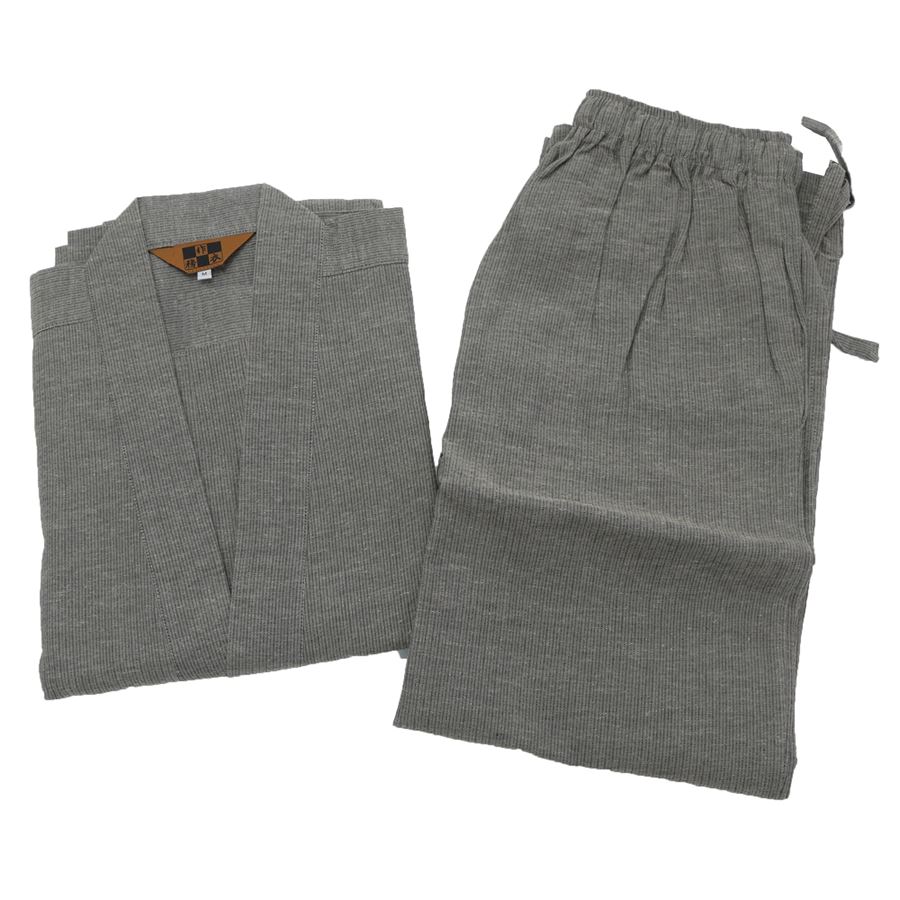 作務衣 メンズ 春 夏 秋 グレー 縞 ストライプ Mサイズ 身長165-175 綿麻 麻混 男性用 和風 和服 作業着 普段着 ルームウェア ホームウェア さむい さむえ 甚平 寺院 お坊さん 紳士