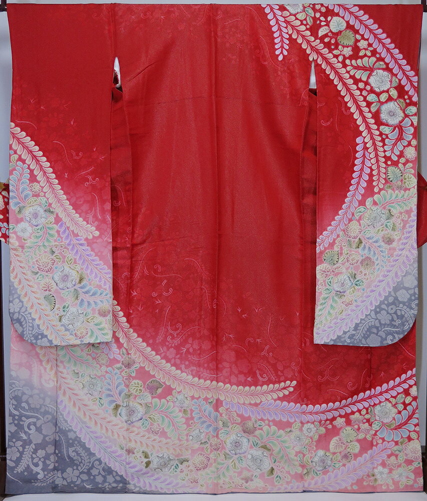 【中古】美品　辻が花　正絹　振袖　赤