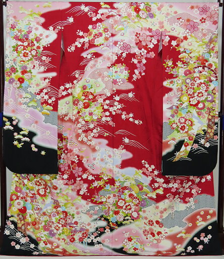振袖 紋綸子 赤 黒 ピンク 草花 【中古】美品 振袖 紋綸子 赤 黒 ピンク 草花 【中古】美品