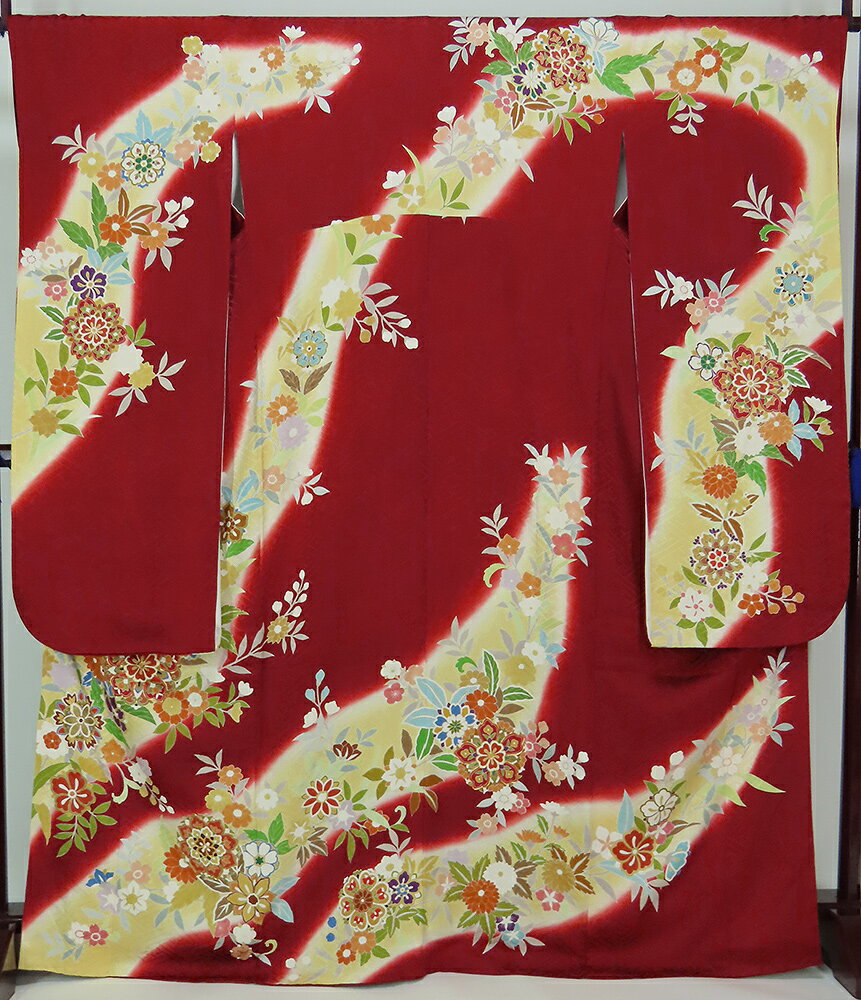 振袖 型染め友禅 正絹 裄68.5cm 身丈163cm 濃い赤 【中古】美品 少染ムラ