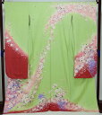 振袖 正絹 紋綸子 裄68cm 身丈169cm 成人式 薄黄緑 今様色 【中古】美品 k3749017-3338rym