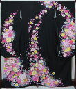 振袖 正絹 花柄 黒地 裄68.5cm 身丈163cm 成人式 【中古】美品 k3868572-3341rym