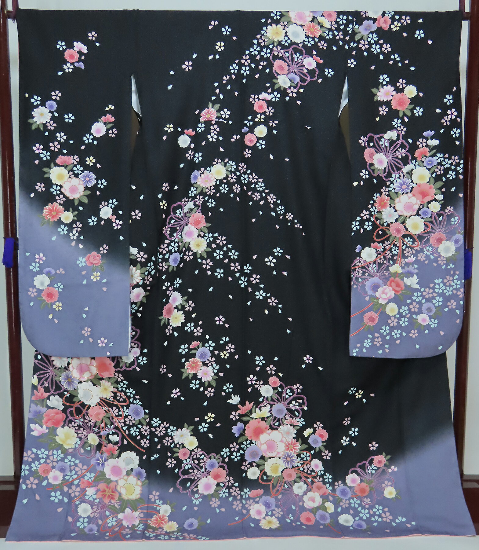振袖 紋意匠 正絹 裄70cm 身丈173cm 黒 灰紫 桜 成人式 【中古】美品 k3902191-3400rym