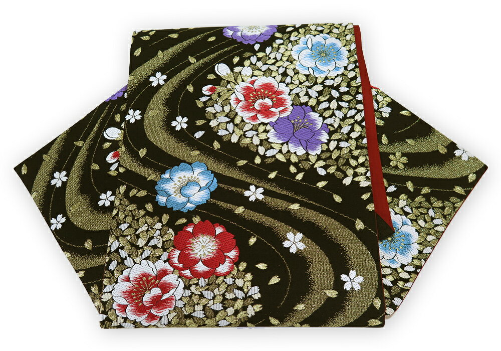 【中古】美品　振袖用　六通柄　袋帯　流水桜花文／黒
