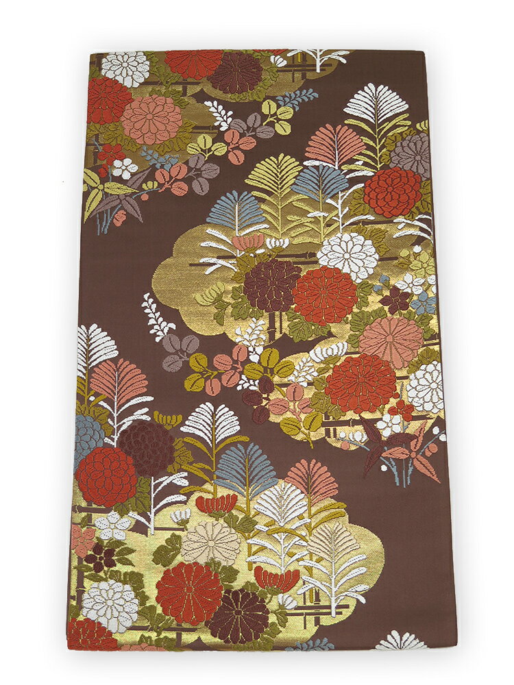 【中古】美品　唐織　六通柄　袋帯　春秋花文／茶系