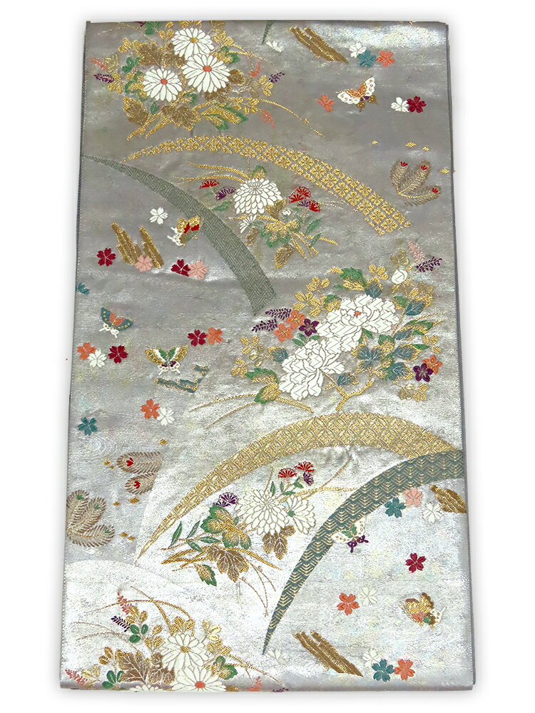 【中古】美品　六通柄　袋帯　引箔　花水文様／銀