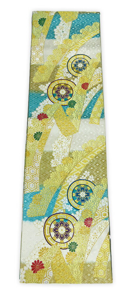 【中古】美品 振袖用 長尺 六通柄 袋帯 金・水色