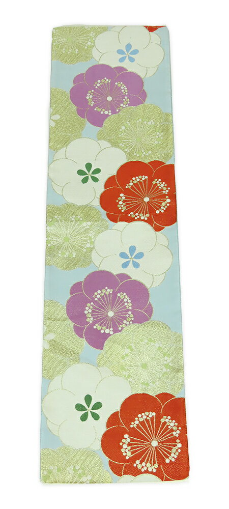 【中古】美品　振袖用　六通柄　袋帯　梅花文様／水色地