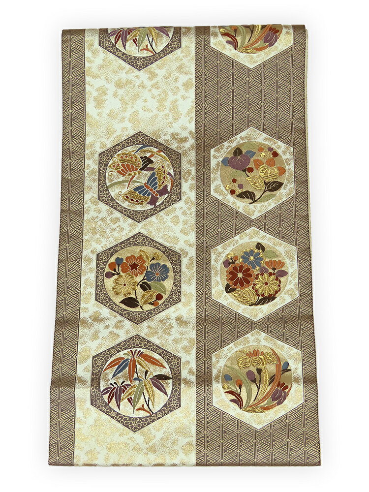 Rakuten - 【中古】美品　つづれ織風　六通柄　袋帯　亀甲花文／金地