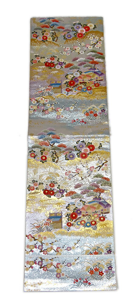 【中古】美品 長嶋成織物 六通柄 袋帯 四季茶屋辻文 銀地