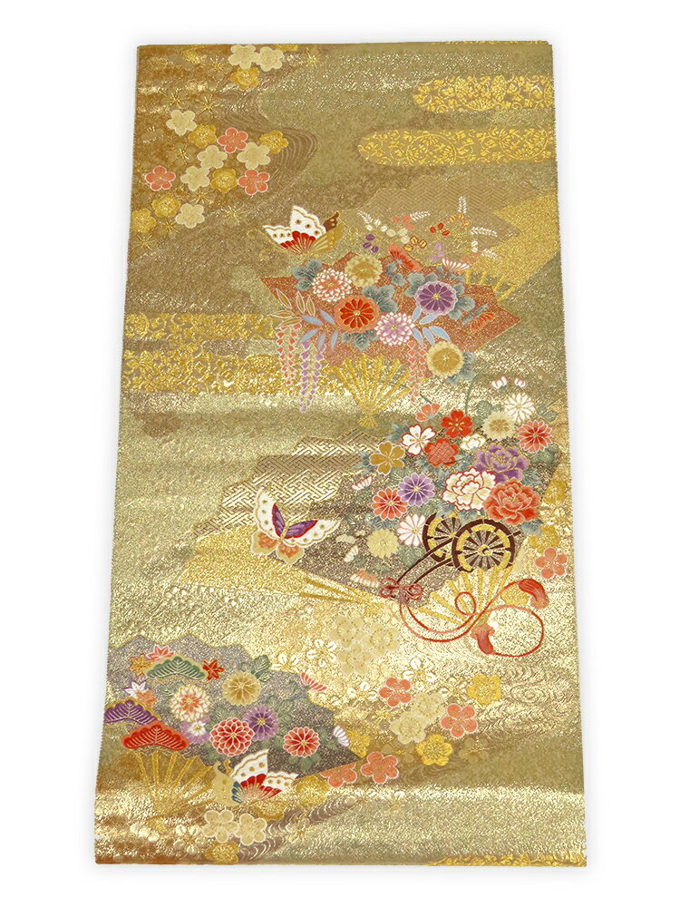 【中古】美品 長嶋成織物 六通柄 袋帯 桧扇流麗文 金