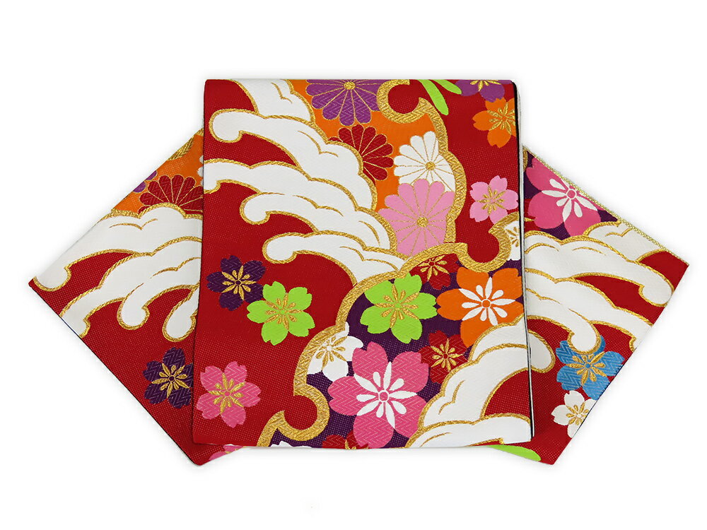 【中古】美品　振袖用　六通柄　袋帯　波華文様　赤地