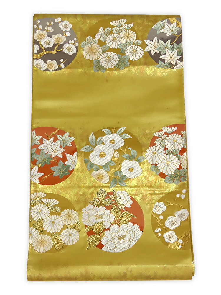 Rakuten - 引箔　六通柄　袋帯　丸花文様　辛子〜金色【中古】