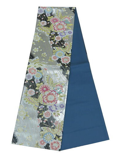 袋帯 振袖用 六通柄 銀 黒 桜 蝶々 【中古】美品 袋帯 振袖用 六通柄 銀 黒 桜 蝶々 【中古】美品