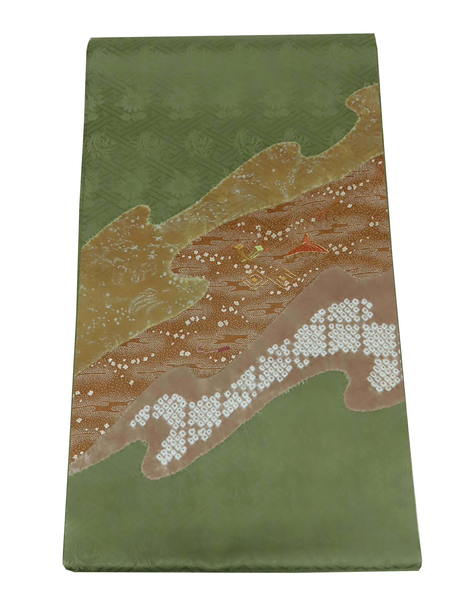 袋帯 お太鼓柄 紋綸子 絞り 刺繍 440cm 鶸茶 金茶 【中古】美品 b3806390-3518rym