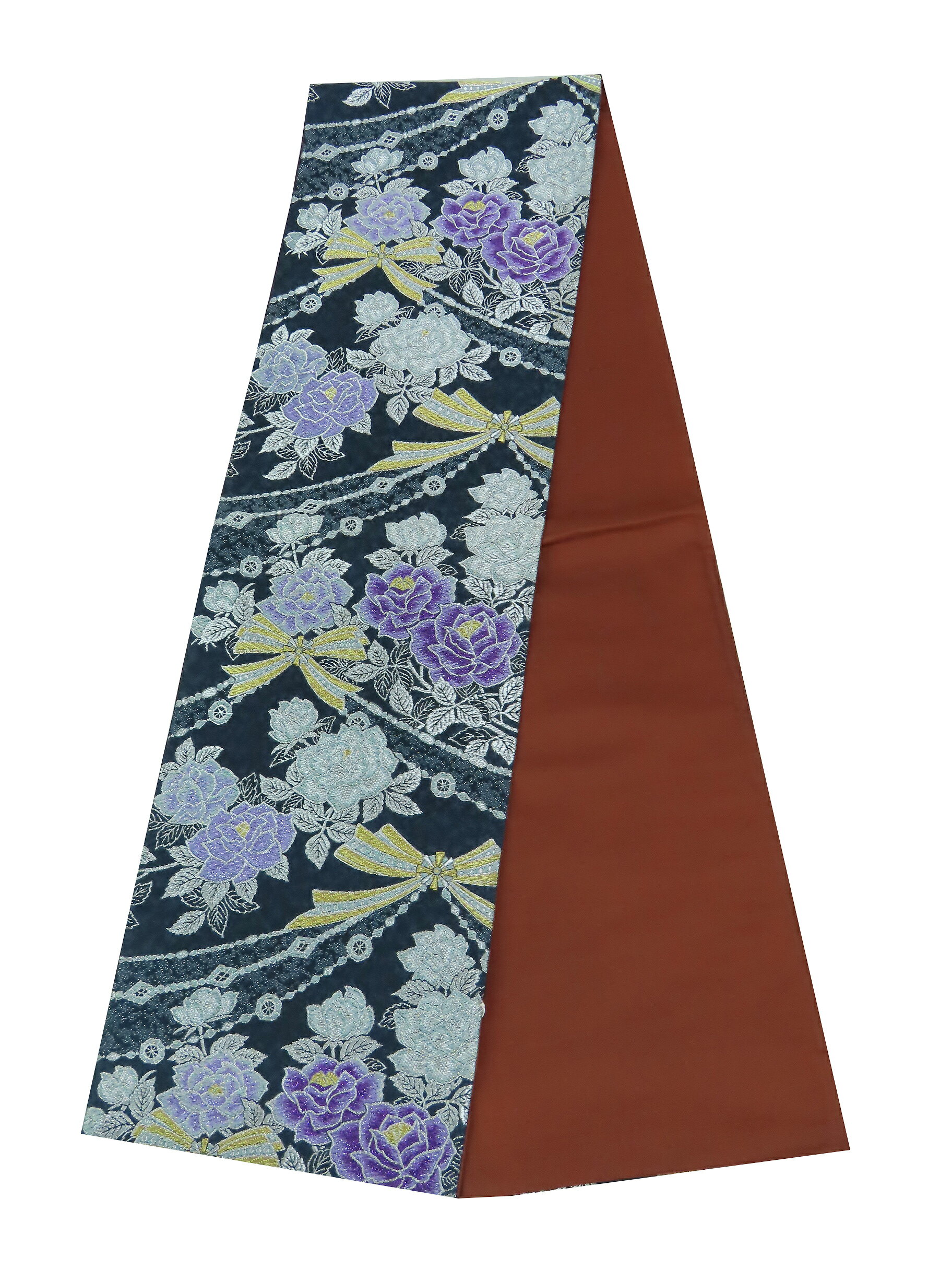 袋帯　振袖用　六通柄　バラ　黒　金銀　428cm　【中古】b3858061-3526rym