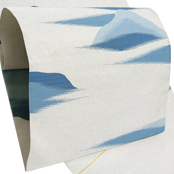 正絹袋帯 未仕立て 礼装 藍染め つづれ「白鼠色×シルバー、ブルー山岳」丸巻き フォーマル 正絹帯 訪問着 色留袖 付下げ【メール便不可】＜T＞of★10％OFF