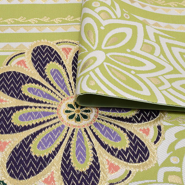 【Prices down4】振袖 袋帯「萌黄色 モダン唐草、花文」未仕立て 正絹帯 西陣織 振袖帯 【メール便不可】＜T＞ss2603ofk55