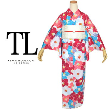 TLサイズ 浴衣単品「ラズベリー×コバルトブルー 椿」トールサイズ浴衣 浴衣単品 女性浴衣単品　背が高い人サイズ　花火大会、夏祭りに　TL　トールサイズ　綿　ピンク　ブルー　椿　花柄　浴衣＋半幅帯＋選べる小物 【メール便不可】