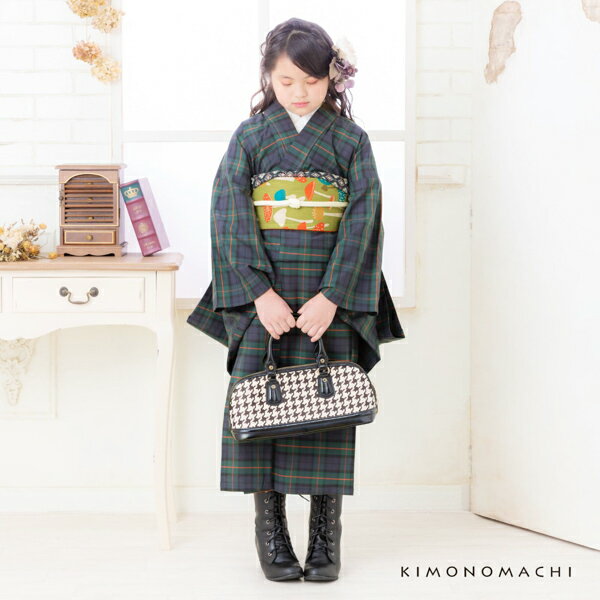 【Prices down2】木綿着物　木綿 着物　女の子　こども 木綿着物「緑色チェック」120　130　140　単品　キッズ　普段着物　女の子 着物 ジュニア着物　普段着物　子供 着物　グリーン　チェック　ネイビー　緑　紺 女児＜H＞【メール便不可】ss2509kkd25
